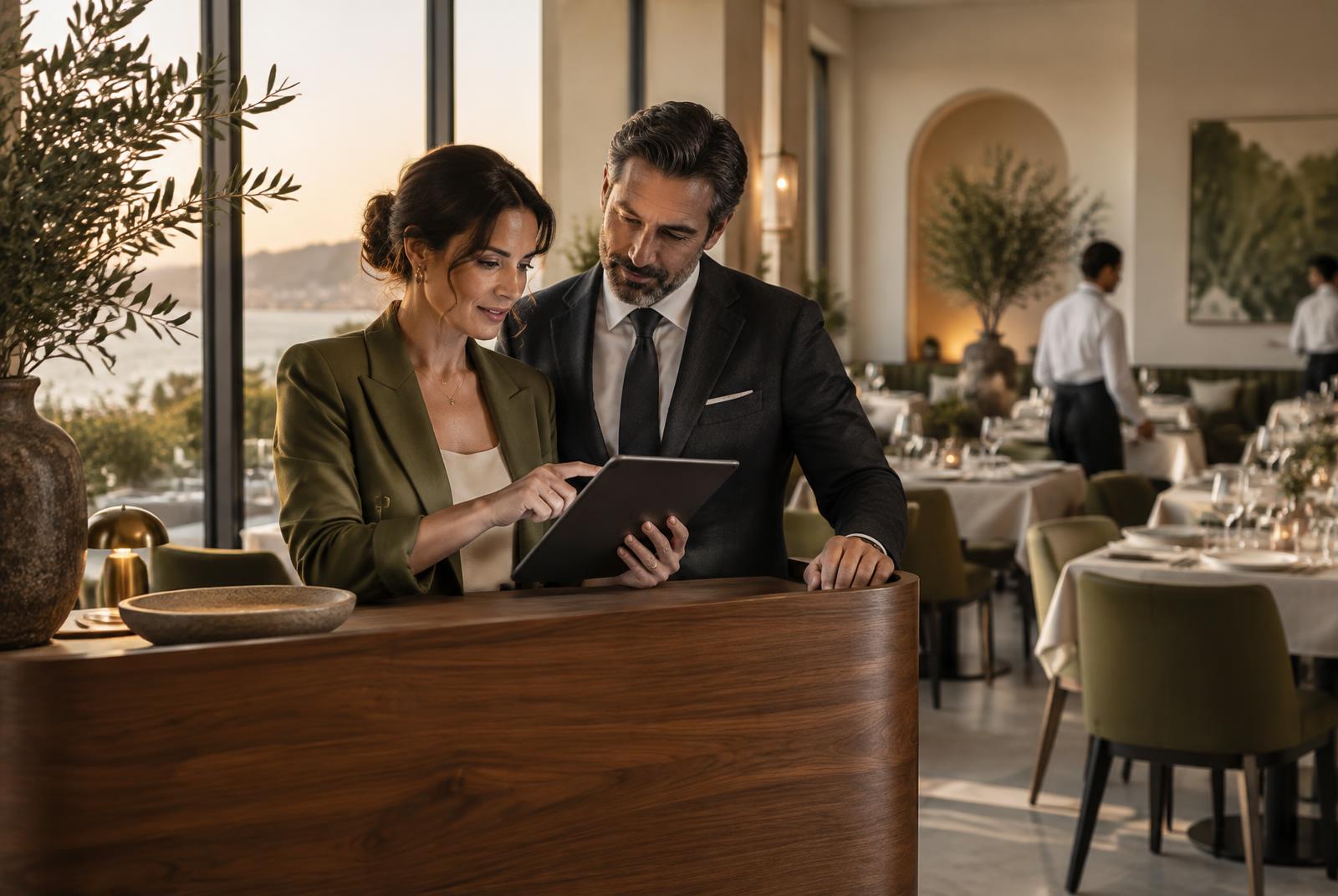 Nomaire restaurant operators reviewing performance on a tablet